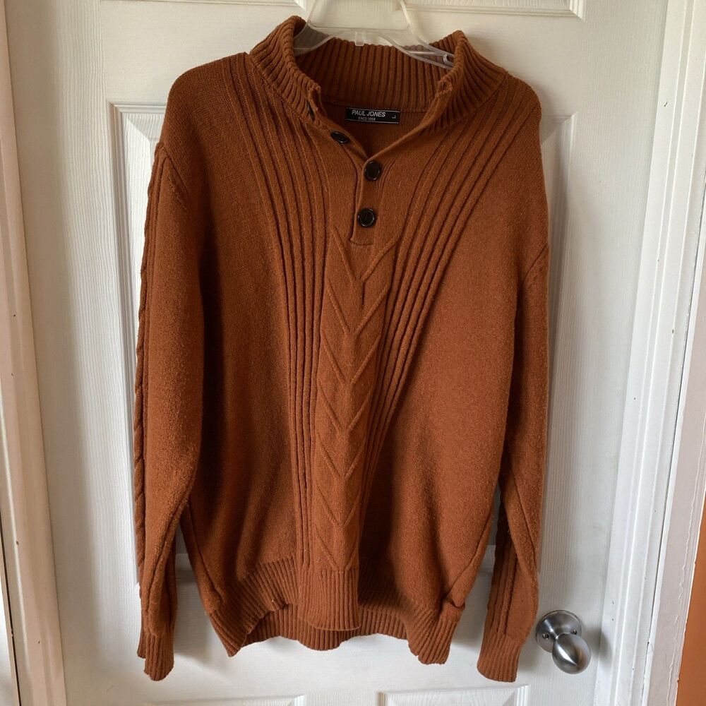 Paul Jones Men’s Large Sweater Orange Vintage 1/4 Button Knit Pullover